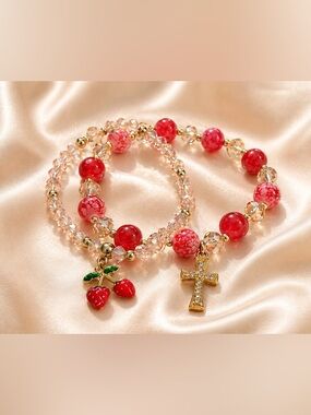 NWOT Strawberry Charm Beaded Bracelet Set • Pink Crystal + Gold Cross • Romantic